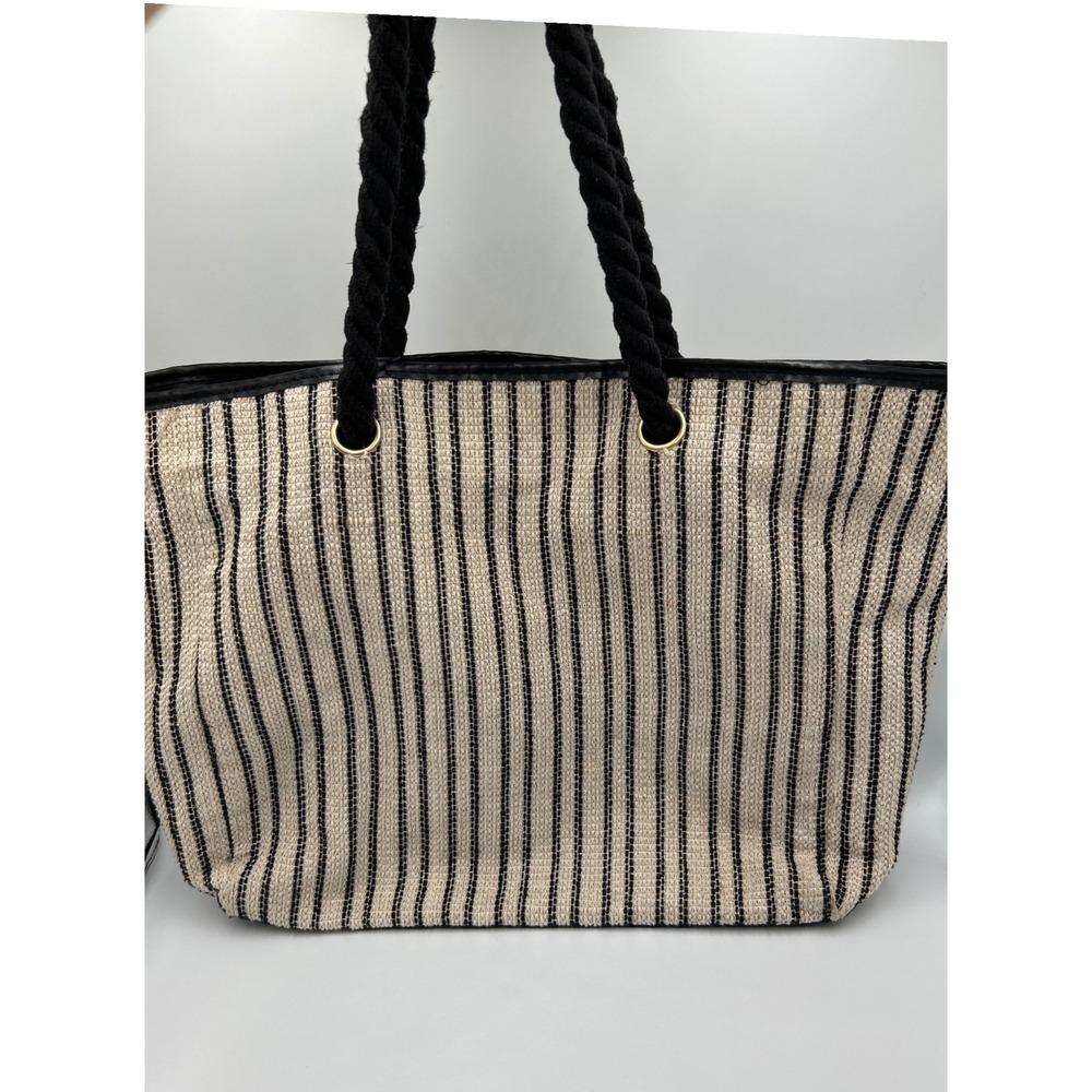 Lancôme Paris Striped Woven Tote Bag Black Beige‎ Rope Handles Nautical Summer